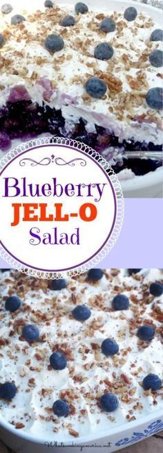 blueberry jell - o salad in a white dish with the title above it