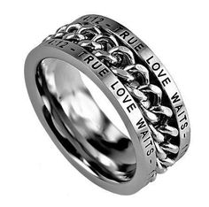 Ships in 1 to 2 business days Men's True Love Waits chain ring offers a unique style to show your commitment to purity. Brushed stainless steel with high polish spinning chain center. Top and bottom of ring reads "True Love Waits - 1 Timothy 4:12." Available in sizes 8 through 14 To learn more about Purity Rings click here Love Waits, True Love Waits, Gothic Wedding Rings, Scripture Jewelry, Purity Ring, Waiting For Love, Silver Chain For Men, Gay Wedding, Morganite Engagement Ring