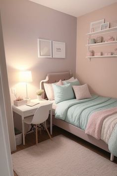 #BEAUTY ,#REALATIONSHIPS #Fashion #Outfits #Winter Outfits #Animals Bedroom Inspirations With Desk, Ideas Para Cuartos Pequeños, Bedroom Desk Ideas Aesthetic, Closet Offices, Stylish Shelves, Minimalist Rooms, Blue Sofa Living, Desk And Shelves