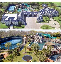 this is an aerial view of a large water park and pool in the middle of two pictures