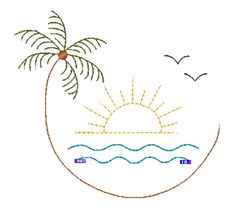 a palm tree on the beach with birds flying over it and an orange ball in the air