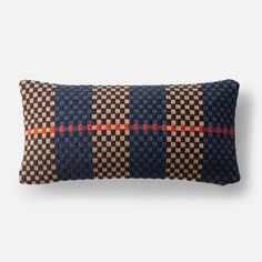 a blue and orange checkered pillow on a white background with an orange stripe down the middle