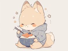 a cartoon cat eating out of a bowl with chopsticks in it's paws