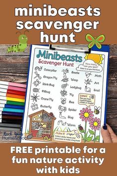 a printable poster with the words minibeasts scavenger hunt on it