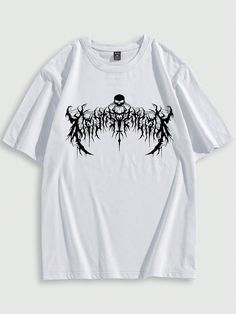 Men Printed Round Neck T-Shirt, School White Casual  Short Sleeve Fabric Graphic,Letter  Slight Stretch Summer Men Clothing, size features are:Bust: ,Length: ,Sleeve Length: Round Neck Shirt Men, Emo Boy Style, Arctic Monkeys Shirt, Goth Men, Masculine Clothing, Y2k Graphic Tees, Boyfriend Outfit, Grunge Shirt, Round Neck Shirt