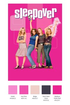 the movie poster for sleepover with four women in pink and blue outfits, one holding a