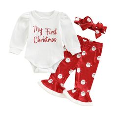 PRICES MAY VARY. Material: Baby girl Christmas outfits, made of high quality cotton blend, soft, breathable, skin-friendly, lightweight baby romper pants set. Boutique baby girl Christmas outfits 3pcs set. Design: 0-18 months baby girl Christmas outfits, crew neck, '' My First Christmas'' '' Santa Baby'' fancy letter print long sleeve romper bodysuit, matching with solid color/ santa claus print velvet flared pants and headband, sweet and cute. Age: Baby girl pants set, suitable for newborn sant My First Christmas Outfit, Velvet Flare Pants, Printed Flare Pants, Girls Christmas Outfits, Velvet Flares