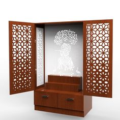 an open wooden cabinet with carvings on the side and drawers below it, in front of a white background