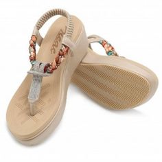 Women's Bohemian Platform Sandals Rhinestone Bead Wedge Shoes Thong Sandal - Apricot - CL12O23ISBK Women Platform Sandals, Casual College Outfits, Sandals Wedges, Womens Sandals Wedges, Girly Shoes, Shoes Heels Wedges, Rhinestone Bead, Thong Sandals, College Outfits