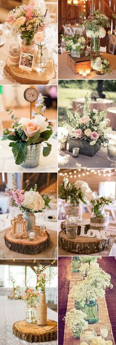 several pictures of different types of flowers and cakes on display at a wedding or other event