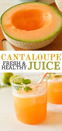 half a cantaloupe, glass of cantaloupe juice Cantaloupe Juice Recipes, Cantaloupe Drink, Cantaloupe Juice, Cantaloupe Smoothie, Cantaloupe Recipes, Healthy Juicer Recipes