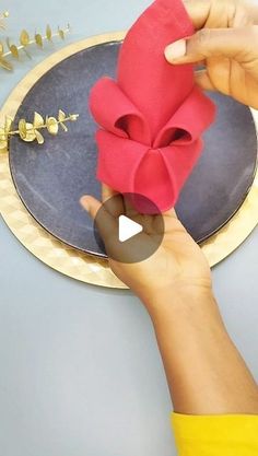 a person holding a red napkin over a plate