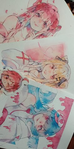 two watercolor paintings of girls with blood on them