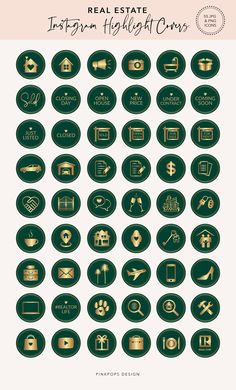 the 25 real estate infogram highlight covers are shown in gold and green, with different icons