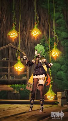 an anime character standing in front of a tree with lights hanging from it's branches