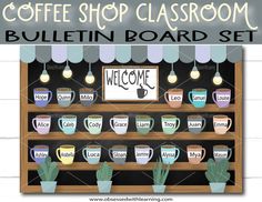 a coffee shop classroom bulletin board set with cups and succulents on it