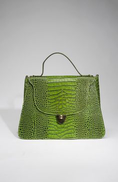 Crocodile Print Large Leather bag with long strap and gold hardware Alligator Purse, Crocodile Handbags, Large Leather Bag, Green Neon, Crocodile Print, Leather Crafts, Crocodile Skin, Pocket Book, Printed Bags