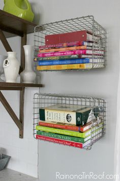 two metal shelves with books on them