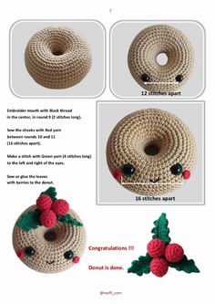 instructions to make a crocheted donut with berries on the top and bottom