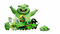 the angry birds and their family are all dressed up in green costumes, with one man standing