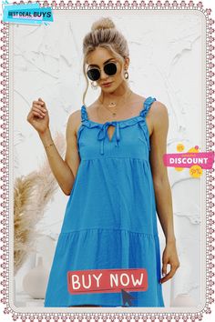 Sling Style Women's Sexy Ruffle Solid Color Dress Ruffled Sundress For Summer, Trendy Sleeveless Ruffled Sundress, Summer Sundress With Ruffles For Date Night, Solid Color Sundress With Ruffles For Vacation, Solid Color Ruffled Sundress For Vacation, Casual Ruffled Straps Sundress For Party, Casual Sundress With Ruffled Straps For Party, Solid Color Dress, Color Dress