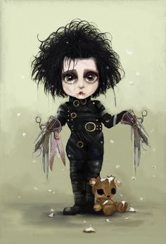 a digital painting of a creepy doll with scissors and a teddy bear sitting on the ground