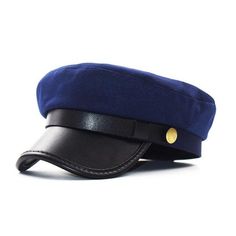 Polyurethane Leather Octagonal Hat with Large Buttons-Hats-Innovato Design-Blue-Innovato Design Bailey Hats, Captain Cap, Flat Top Hat, Military Hats, Navy Cap, Sailor Hat, Navy Hats, Military Cap, Military Hat