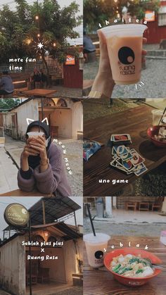 a collage of photos with food and drinks on it, including coffee cups in the background