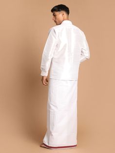 VM BY VASTRAMAY Men's White Silk Blend Shirt And Mundu Set Experience elegance and comfort with this stylish silk blend shirt and mundu set from VM BY VASTRAMAY. Made with premium materials, this set is perfect for any special occasion or cultural event. Key Features White color Silk blend fabric Includes shirt and mundu Comfortable and stylish Specifications Brand: VM BY VASTRAMAY Material: Silk Blend Color: White Size Options: S, M, L, XL Material & Care Top Fabric: Silk Blend Bottom Fabric: P Semi-formal Long Sleeve Sets For Diwali, White Semi-formal Sets With Long Sleeve, Semi-formal White Long Sleeve Sets, White Semi-formal Long Sleeve Sets, White Long Sleeve Semi-formal Sets, Traditional Long Sleeve Semi-formal Sets, Traditional White Sets With Set-in Sleeves, White Silk Long Sleeve Sets, Transitional Long Sleeve Silk Sets