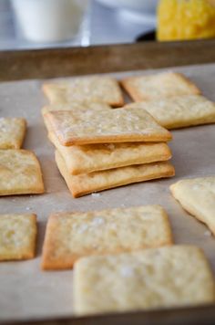 some crackers are sitting on a baking sheet