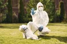 a person in a white suit and mask sitting on the grass with a small dog