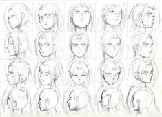 a bunch of sketches of people's heads and their hair in various positions, with the