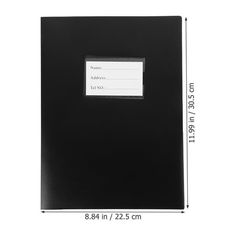 a black binder with a white label on it