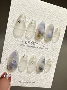 FREE SHIPPING FOR ORDERS OVER $50USD  WORLDWIDE   LeStar Co. press-on nails is reusable and easy to use, give yourself a perfect, non-damaging manicure in seconds for a fraction of the salon cost. Wear them for weeks straight or a few days at a time as you like. KEY FEATURES: - Handmade by our professional nail artist - Flexible and lightweight for comfortable wear - Easy to apply and remove - Long-lasting - Multiple wears - Waterproof Package includes a full set of press on nails (10 nails) Free Gift - Prep-Kit includes nail glue, 24 adhesive tabs (1 sheet), cuticle wooden pusher, mini file, and 2 alcohol wipes ) * Note: the prep-kit contents may vary due to availability. HOW TO MEASURE SIZES Step 1: Grab some clear sticky tape and place it over your nails. Step 2: Use a marker to trace b Nail Packaging, Faux Nails, Business Nails, Starting From The Bottom, Nails Gel, Anime Pictures, Garden Of Eden, Professional Nails, Nail Artist