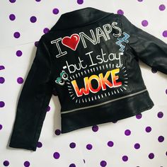 Hand Painted Children's Leather jacket. Cute and funny hand painted faux leather. Bespoke little leathers by Coolbunny London. Insta: @coolbunnylondon Kids Leather Jackets, Stay Woke, Custom Denim, Hand Painted Leather, Leather Jeans, London Photos, Denim Jacket Men