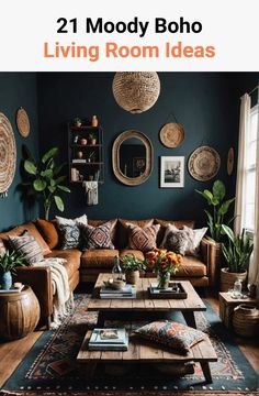 the living room is decorated in blue and brown with lots of plants on the wall