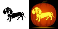 a dog carved into a pumpkin on the left and an image of a dog carved into a pumpkin on the right