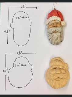 three christmas ornaments are shown on a sheet of paper with measurements for each ornament