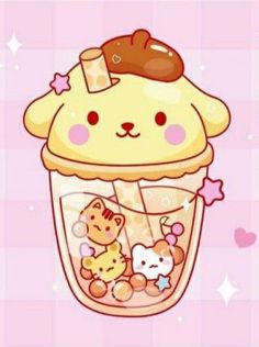 a cartoon bear in a jar filled with teddy bears and other animals on a pink background