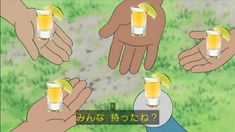 four glasses filled with different kinds of drinks in front of two hands holding lemons