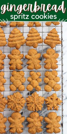 gingerbread spritz cookies on a cooling rack with the words gingerbread spritz cookies above them