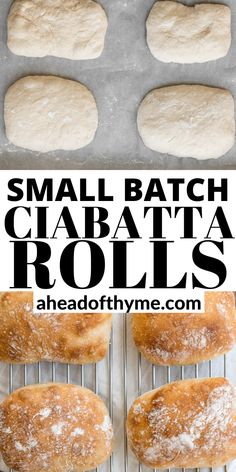 small batch ciabatta rolls on a cooling rack with the words, small batch ciabatta rolls