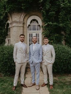 Groom In Blue Wedding Suit with Groomsmen in Matching Cream Suits Blue Wedding Suit Groom, Blue Wedding Suit, Groom Blue Suit, Pale Blue Wedding, Dried Flower Bouquets, Groom And Groomsmen Suits