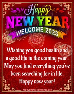 happy new year welcome message with fireworks and firework on red background for someone's birthday