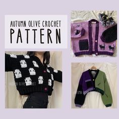 three different knitted sweaters with the words autumn olive crochet pattern