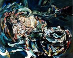 an abstract painting with blue and white colors on the bottom half of it, in front of a dark background