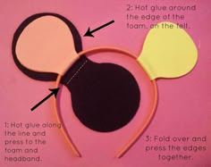 the instructions for how to make a mouse ears headband with felt and glue on pink background