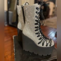 Oh So Fabulous, Silver Encrusted Rhinestone Rubbery Platform Lace Up Zip Up Boots. Hello Playa? Hello Rave? Hello Photoshoot? Fabulous. Pair From Dolls Kill. Bought Them - Loved Them Tried On And Never Worn In The Real World. New In Box So Beautiful. True To Size Add Some Height And Dazzle To Your Life. Slay. Make Me An Offer Glam Rock Platform Boots, Alternative High-top Spiked Platform Boots, Rhinestone Playform Heel Boots, Edgy Studded Lace-up Platform Boots, Black Lace-up Platform Boots With Spikes, Zip Up Boots, Dolls Kill Shoes, Bond Paper Design, Ep Album