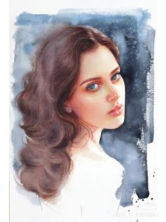 a watercolor painting of a woman with blue eyes and long brown hair, wearing a white dress