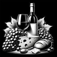 a black and white drawing of cheese, wine glasses and grapes